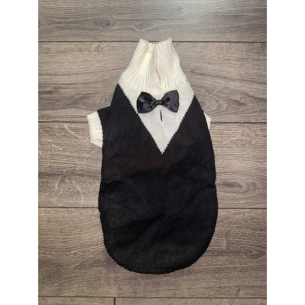 Black White Tuxedo Dog Sweater With Bow Tie Formal Pet Apparel Medium